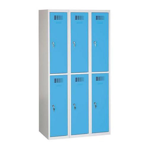 Svařovaná šatní skříň Charles odlehčená, 6 oddílů, cylindrický zámek, šedá/sv. modrá