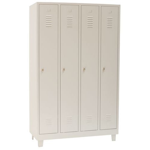 Svařovaná šatní skříň Manutan Expert DURO PROFI na nohách, 4 oddíly, šedá/šedá, otočný uzávěr