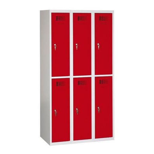 Svařovaná šatní skříň Charles odlehčená, 6 oddílů, cylindrický zámek, šedá/červená