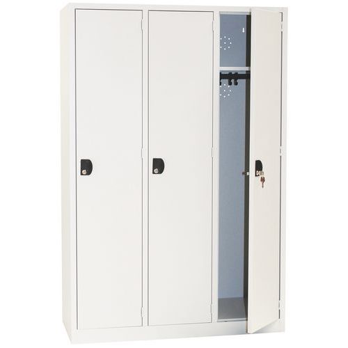 Svařovaná šatní skříň Manutan Expert, 3 oddíly, cylindrický zámek, šedá/šedá