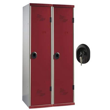 Svařovaná šatní skříň s mezistěnou Acial, 2 oddíly, 400 mm, cylindrický zámek, šedá/červená