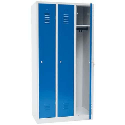 Montovaná šatní skříň Manutan Expert IS, 3 oddíly, cylindrický zámek, šedá/modrá