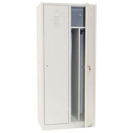 Montovaná šatní skříň s mezistěnou Manutan Expert IS, 2 oddíly, cylindrický zámek, šedá/šedá