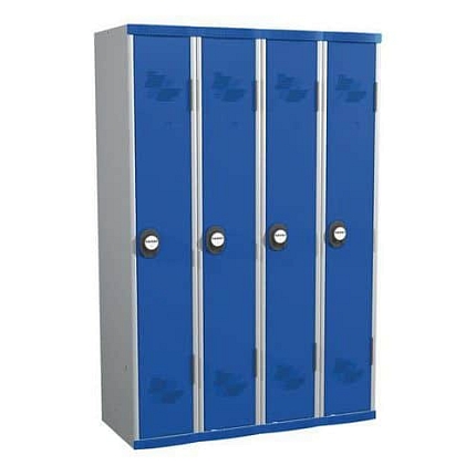 Svařovaná šatní skříň Acial, 4 oddíly, 300 mm, kódový zámek, šedá/modrá