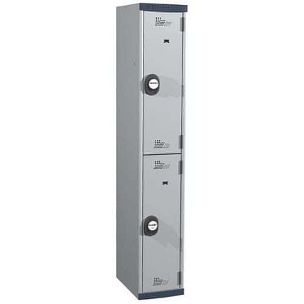 Svařovaná šatní skříň Acial, 2 oddíly, šířka 300 mm, kódový zámek, světle šedá