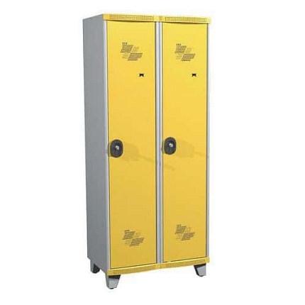 Svařovaná šatní skříň s mezistěnou Acial, 2 oddíly, 400 mm, na nohách, cylindrický zámek, šedá/žlutá