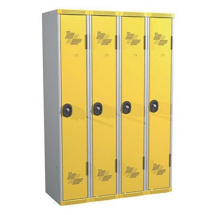 Svařovaná šatní skříň Acial, 4 oddíly, 300 mm, cylindrický zámek, šedá/žlutá