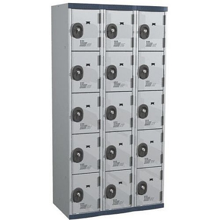 Svařovaná šatní skříň Acial, 3 sloupce, 15 boxů, 300 mm, cylindrický zámek, šedá/šedá