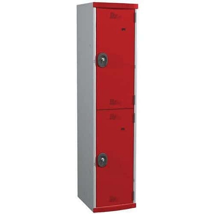 Svařovaná šatní skříň Acial, 1 sloupec, 2 boxy, 400 mm, cylindrický zámek, šedá/červená