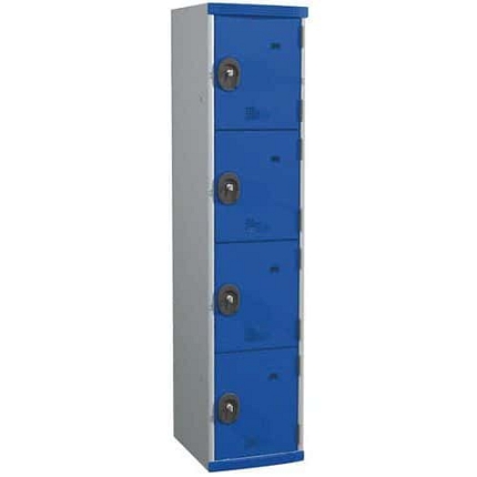 Svařovaná šatní skříň Acial, 1 sloupec, 4 boxy, 400 mm, cylindrický zámek, šedá/modrá