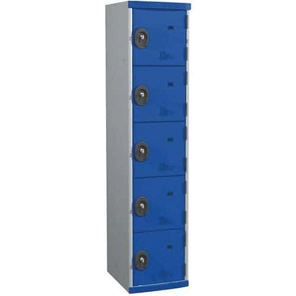 Svařovaná šatní skříň Acial, 1 sloupec, 5 boxů, 400 mm, cylindrický zámek, šedá/modrá