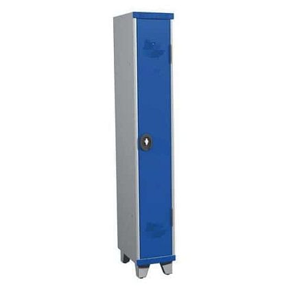 Svařovaná šatní skříň Acial, 1 oddíl, 300 mm, na nohách, otočný uzávěr, šedá/modrá