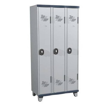 Svařovaná šatní skříň Acial, 3 oddíly, 300 mm, na nohách, otočný uzávěr, šedá/šedá