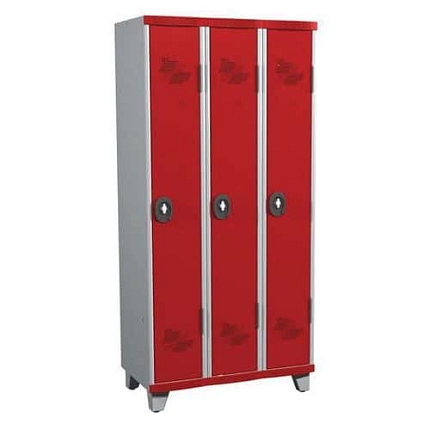 Svařovaná šatní skříň Acial, 3 oddíly, 300 mm, na nohách, otočný uzávěr, šedá/červená