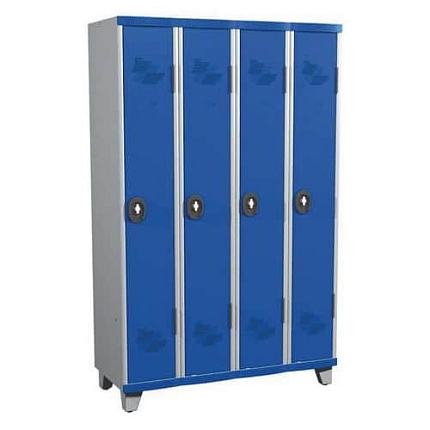 Svařovaná šatní skříň Acial, 4 oddíly, 300 mm, na nohách, otočný uzávěr, šedá/modrá