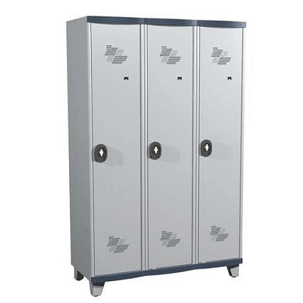 Svařovaná šatní skříň s mezistěnou Acial, 3 oddíly, 400 mm, na nohách, otočný uzávěr, šedá/šedá