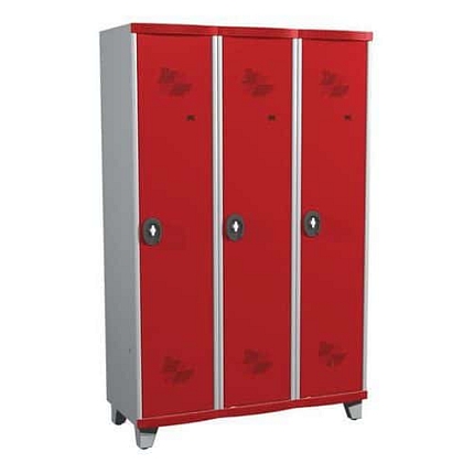 Svařovaná šatní skříň s mezistěnou Acial, 3 oddíly, 400 mm, na nohách, otočný uzávěr, šedá/červená