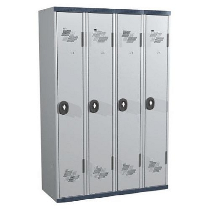 Svařovaná šatní skříň Acial, 4 oddíly, 300 mm, otočný uzávěr, šedá/šedá