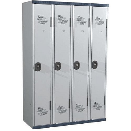 Svařovaná šatní skříň Acial, 4 oddíly, 300 mm, cylindrický zámek, šedá/šedá