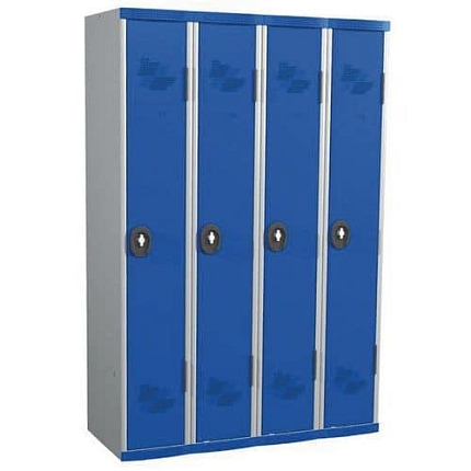 Svařovaná šatní skříň Acial, 4 oddíly, 300 mm, cylindrický zámek, šedá/modrá
