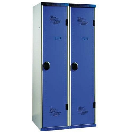 Svařovaná šatní skříň s mezistěnou Acial, 2 oddíly, 400 mm, cylindrický zámek, šedá/modrá