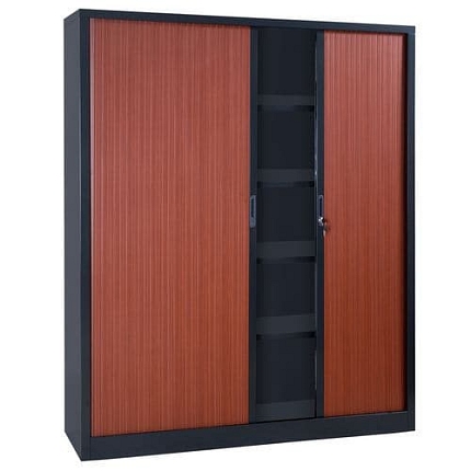 Vysoká kovová spisová skříň Manutan Expert s roletou, 198 x 180 x 45 cm, antracit/třešeň