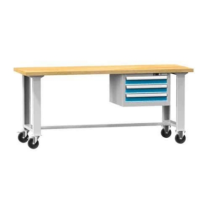 Mobilní dílenský stůl, 88 x 200 x 70 cm, 3 zásuvky, buk/modrá
