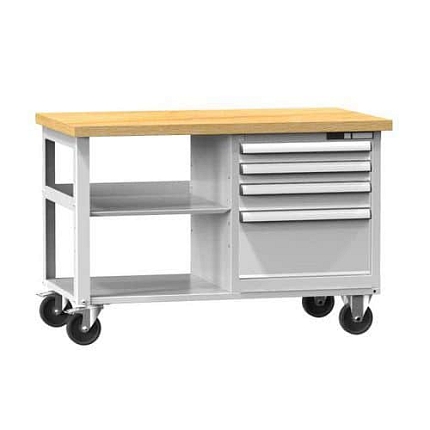 Mobilní dílenský stůl PPS Multiplex, 81 x 120 x 70 cm, 4 zásuvky a 2 police, buk/šedá