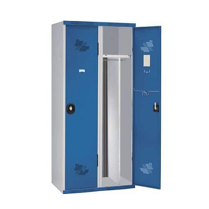 Svařovaná šatní skříň Acial, 2 oddíly, 300 mm, cylindrický zámek, šedá/modrá