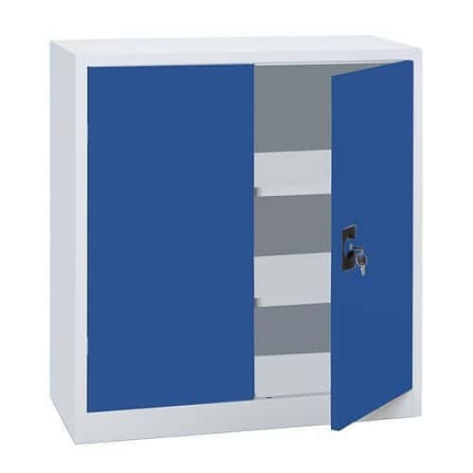 Nízká kovová spisová skříň Manutan Expert Steel, 100 x 100 x 42,3 cm, šedá/modrá