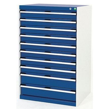 Dílenská zásuvková skříň Bott Cubio, 120 x 80 x 52,5 cm, 10 zásuvek, šedá-modrá