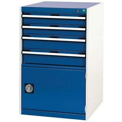 Dílenská zásuvková skříň Bott Cubio, 100 x 65 x 65 cm, 4 zásuvky, 1 skříňka, šedá-modrá