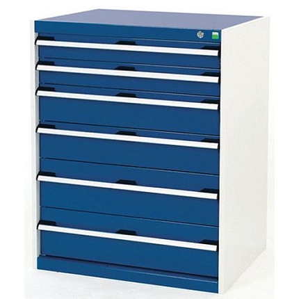 Dílenská zásuvková skříň Bott Cubio, 100 x 80 x 65 cm, 6 zásuvek, šedá-modrá