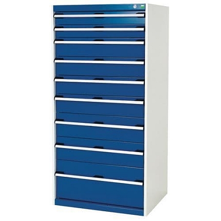 Dílenská zásuvková skříň Bott Cubio, 160 x 80 x 65 cm, 9 zásuvek, šedá-modrá