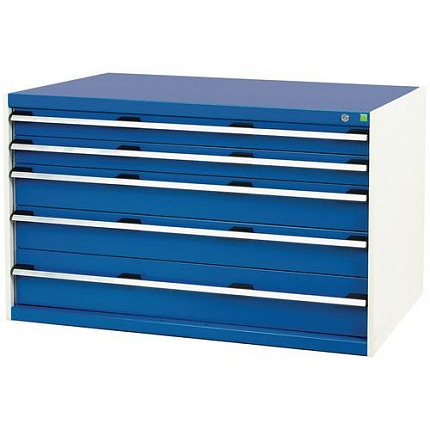 Dílenská zásuvková skříň Bott Cubio, 80 x 130 x 75 cm, 5 zásuvek, šedá-modrá