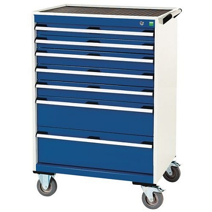 Mobilní zásuvková skříň Bott Cubio, 108,5 x 80 x 65 cm, 7 zásuvek, rohož, šedá-modrá