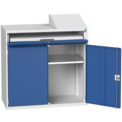 Nízká počítačová skříňka Bott, 113 x 105 x 55 cm, šedá-modrá