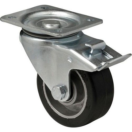 Gumové transportní kolo s přírubou, průměr 200 mm, otočné s brzdou, kuličková ložiska