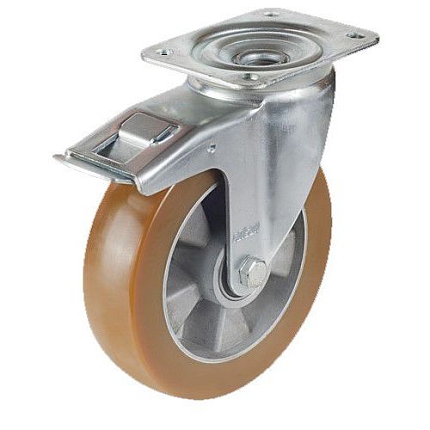 Polyuretanové transportní kolo s přírubou, průměr 200 mm, otočné s brzdou, kuličková ložiska