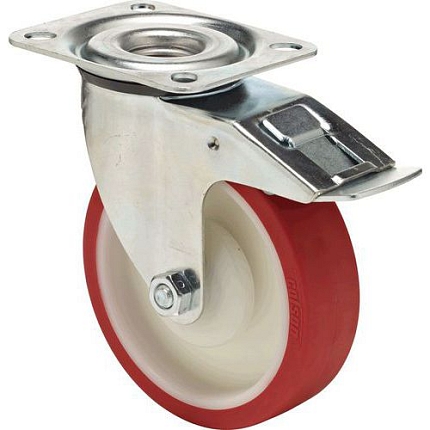 Polyuretanové transportní kolo s přírubou, průměr 125 mm, otočné s brzdou, kuličková ložiska