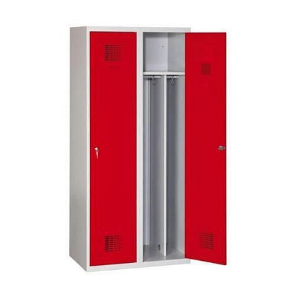 Svařovaná šatní skříň s mezistěnou Drake odlehčená, 2 oddíly, otočný uzávěr, šedá/červená