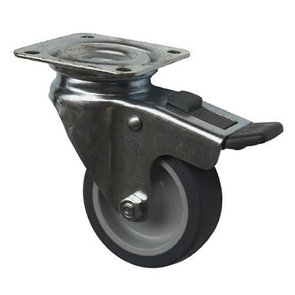 Gumové přístrojové kolo s přírubou, průměr 60 mm, otočné s brzdou, kluzné ložisko