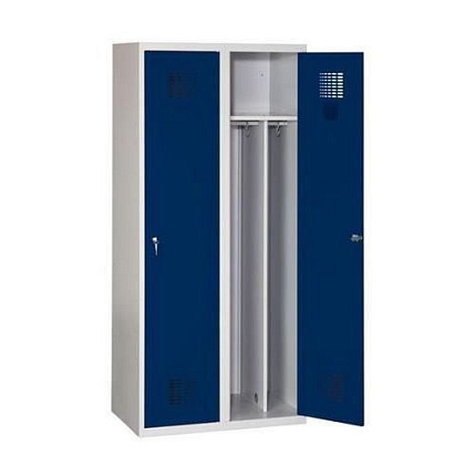 Svařovaná šatní skříň s mezistěnou Drake odlehčená, 2 oddíly, otočný uzávěr, šedá/tmavě modrá