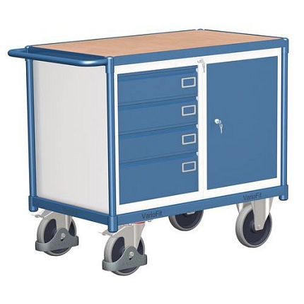 Dílenský vozík se skříňkou a 4 zásuvkami, 93 x 119 x 60 cm, modrý