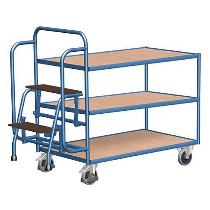 Policový vozík se schůdky, do 250 kg, 3 police, modrý
