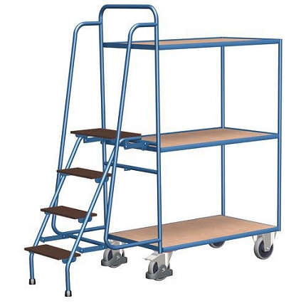 Vysoký policový vozík se schůdky, do 250 kg, 3 police, modrý