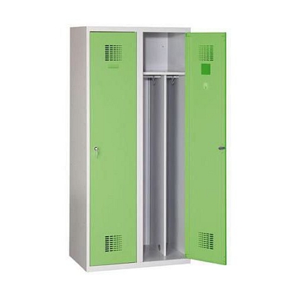 Svařovaná šatní skříň s mezistěnou Drake odlehčená, 2 oddíly, otočný uzávěr, šedá/zelená