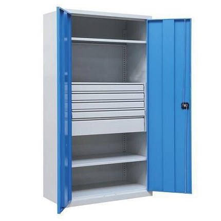 Kovová dílenská skříň, 195 x 95 x 50 cm, 2 police, 5 zásuvek