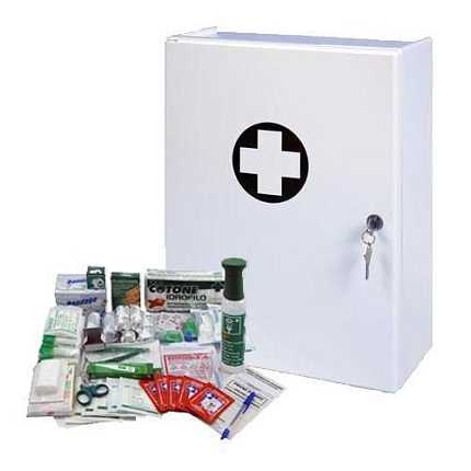 Plastová nástěnná lékárnička, uzamykatelná, 42 x 31 x 15 cm, s náplní VÝROBA