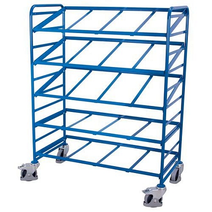 Policový vozík Euro na přepravky se šikmými policemi, 5 polic, 135 x 66,5 x 170 cm, modrý